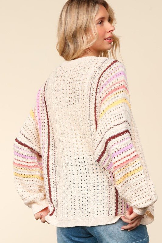 Posh Haptics Full Size Striped Crochet Cardigan