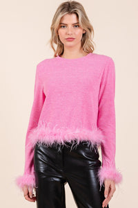 Posh Pink Feather Long Sleeve Crop Knit Top