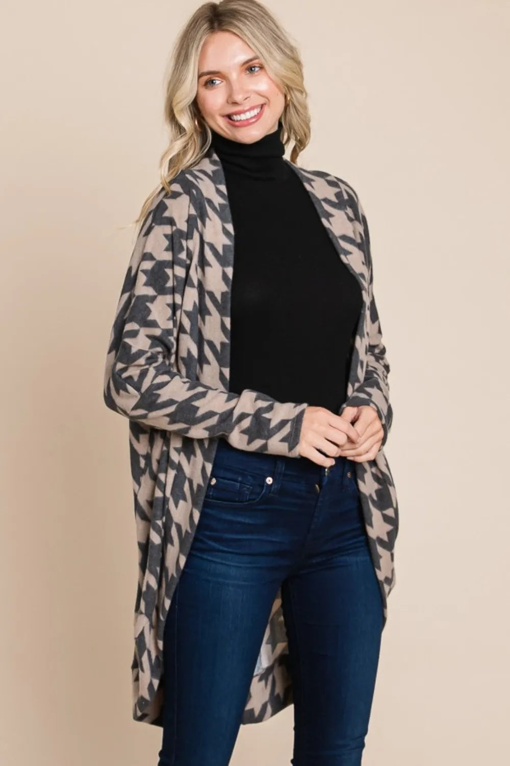 Posh Houndstooth Open Front Cardigan