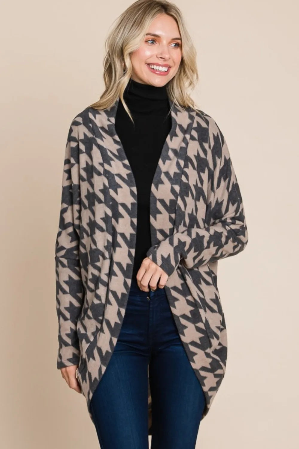 Posh Houndstooth Open Front Cardigan