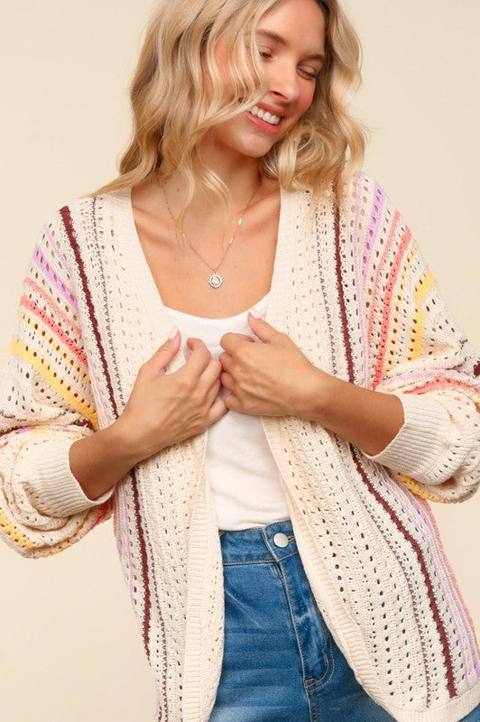 Posh Haptics Full Size Striped Crochet Cardigan