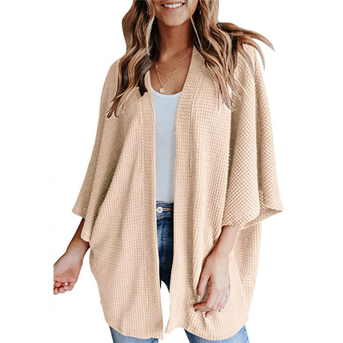 Bat Sleeve Waffle Knit Cardigan