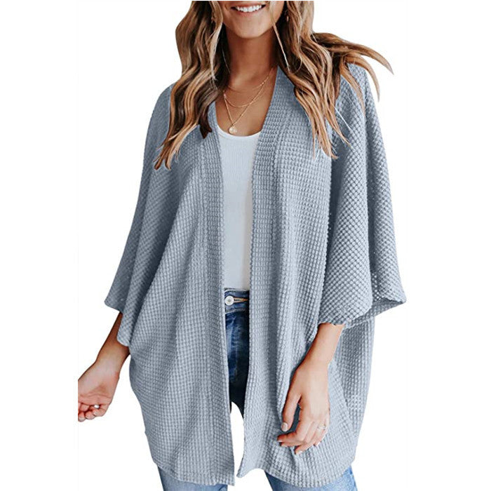 Bat Sleeve Waffle Knit Cardigan