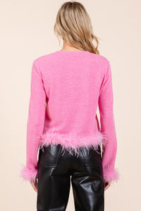 Posh Pink Feather Long Sleeve Crop Knit Top