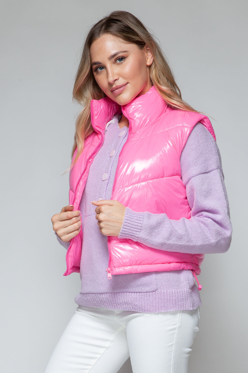 Pink Zip-Up Turtleneck Shiny Quilted Vest – Chic & Cozy ✨