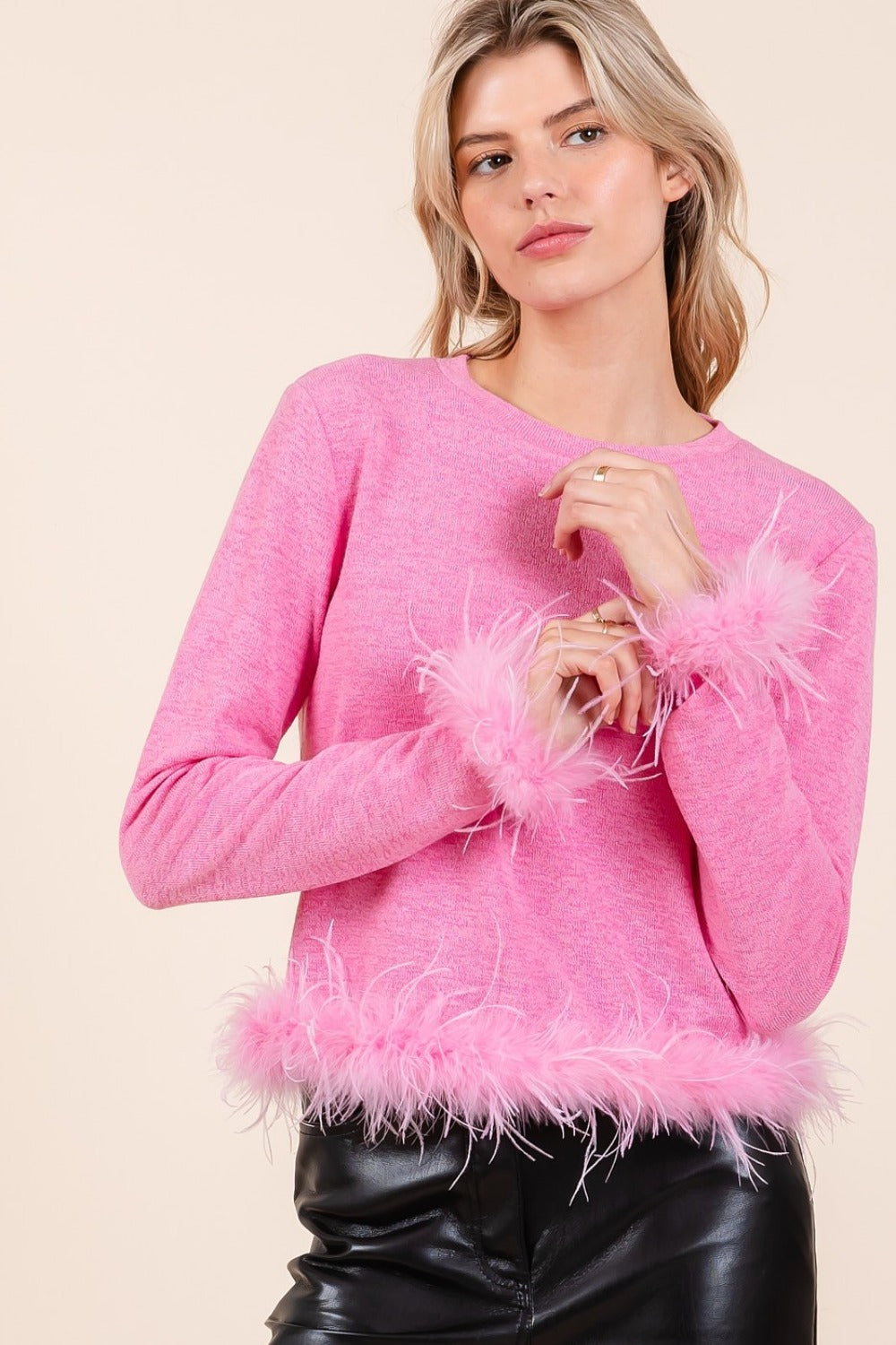 Posh Pink Feather Long Sleeve Crop Knit Top