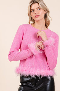 Posh Pink Feather Long Sleeve Crop Knit Top