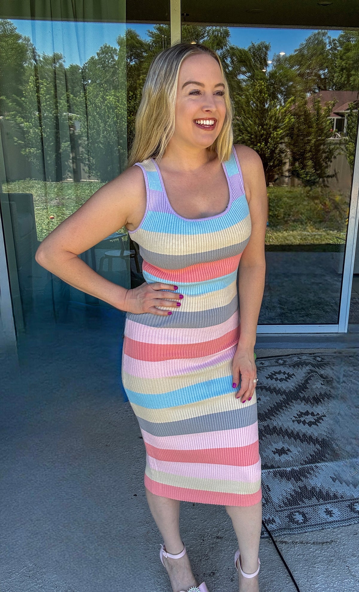 Contrast Striped Scoop Neck Wide Strap Knit Dress