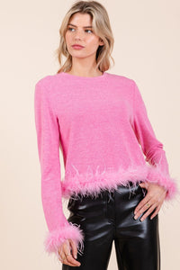 Posh Pink Feather Long Sleeve Crop Knit Top