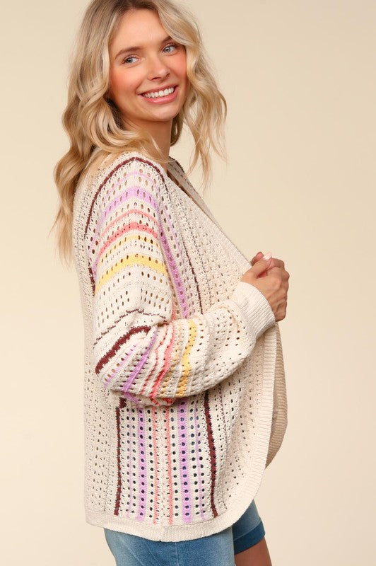Posh Haptics Full Size Striped Crochet Cardigan