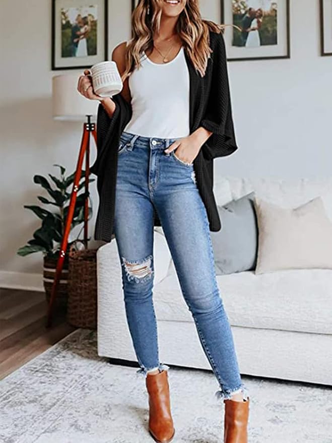 Bat Sleeve Waffle Knit Cardigan