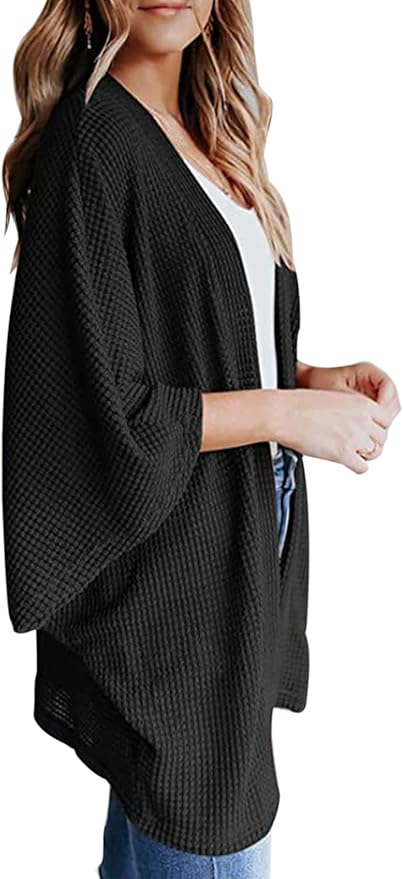 Bat Sleeve Waffle Knit Cardigan