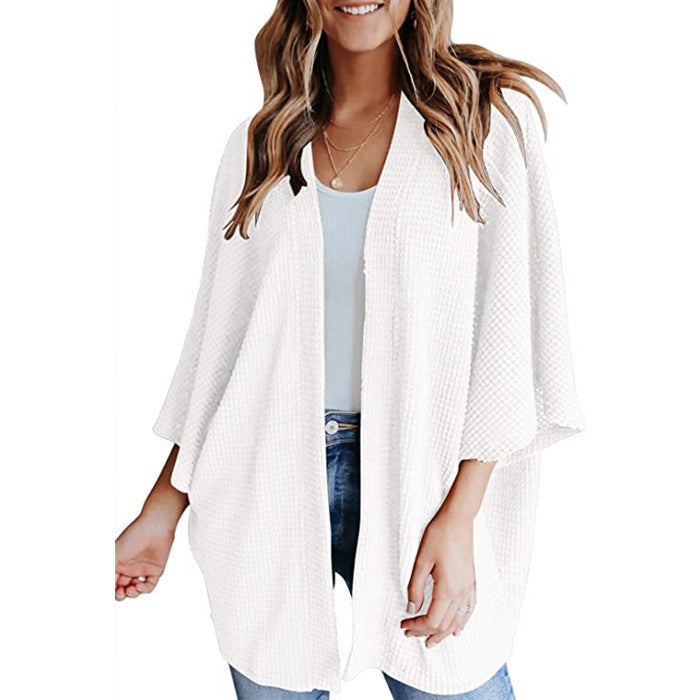 Bat Sleeve Waffle Knit Cardigan
