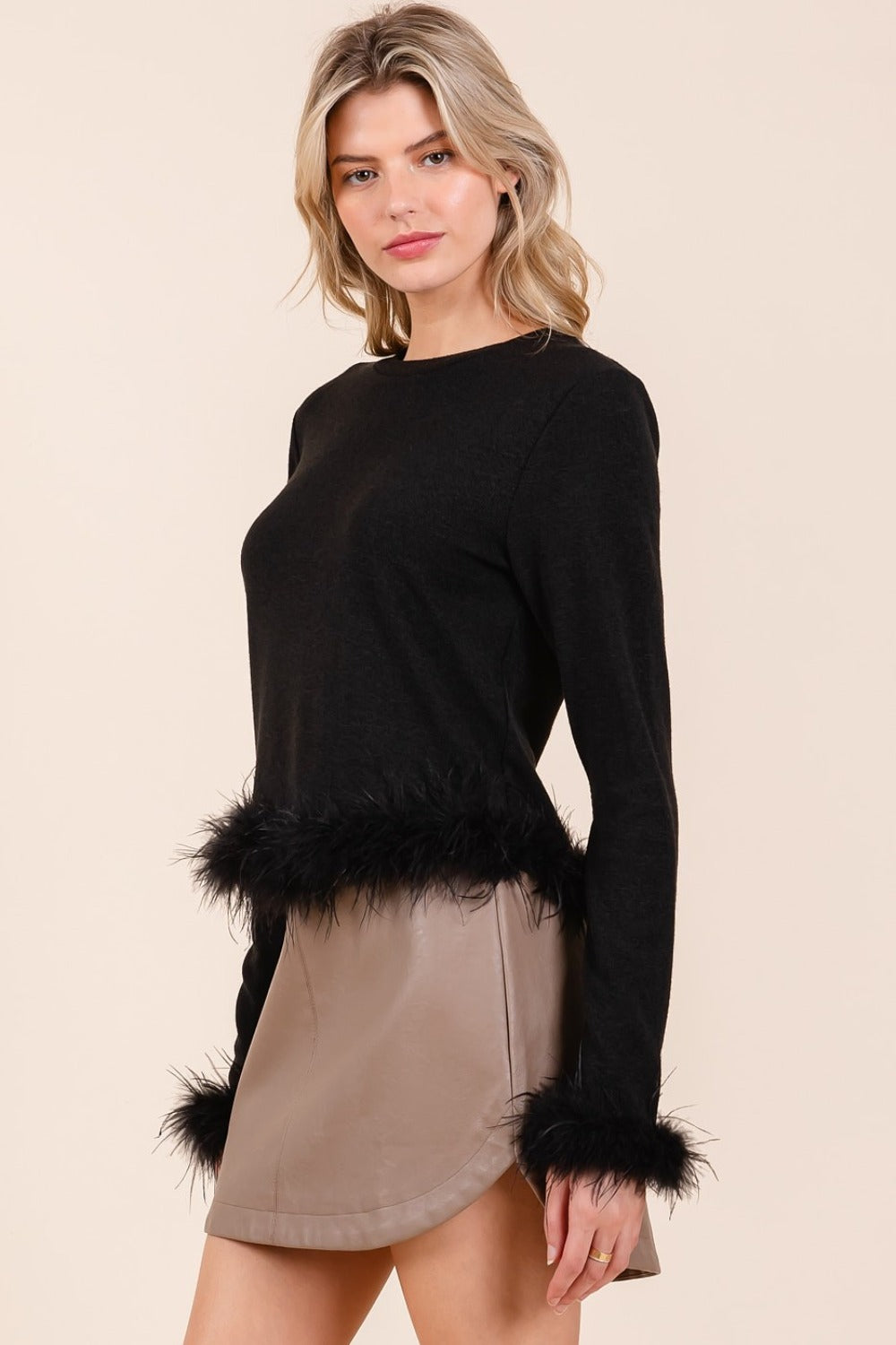Black Feather Trim Long Sleeve Knit Top