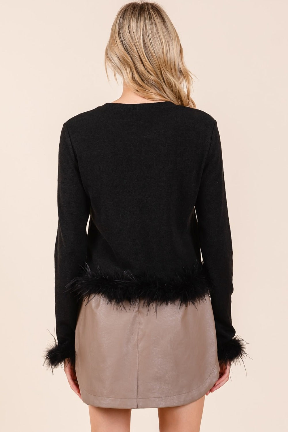 Black Feather Trim Long Sleeve Knit Top