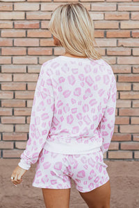Pink Leopard Long Sleeve Top and Drawstring Shorts Lounge Set