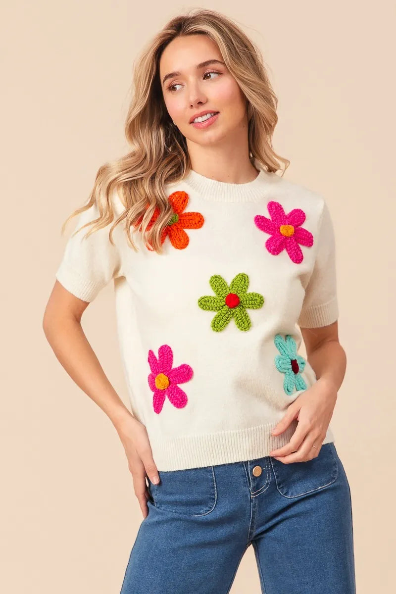 BiBi Crochet Flower Patch Sweater Top – Posh Luxe