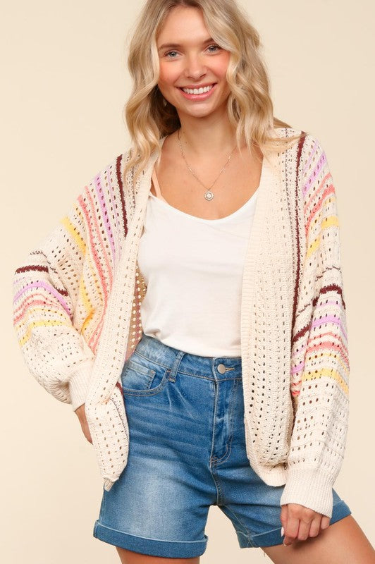 Posh Haptics Full Size Striped Crochet Cardigan