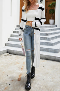 Posh Pocketed Striped Long Cardigan