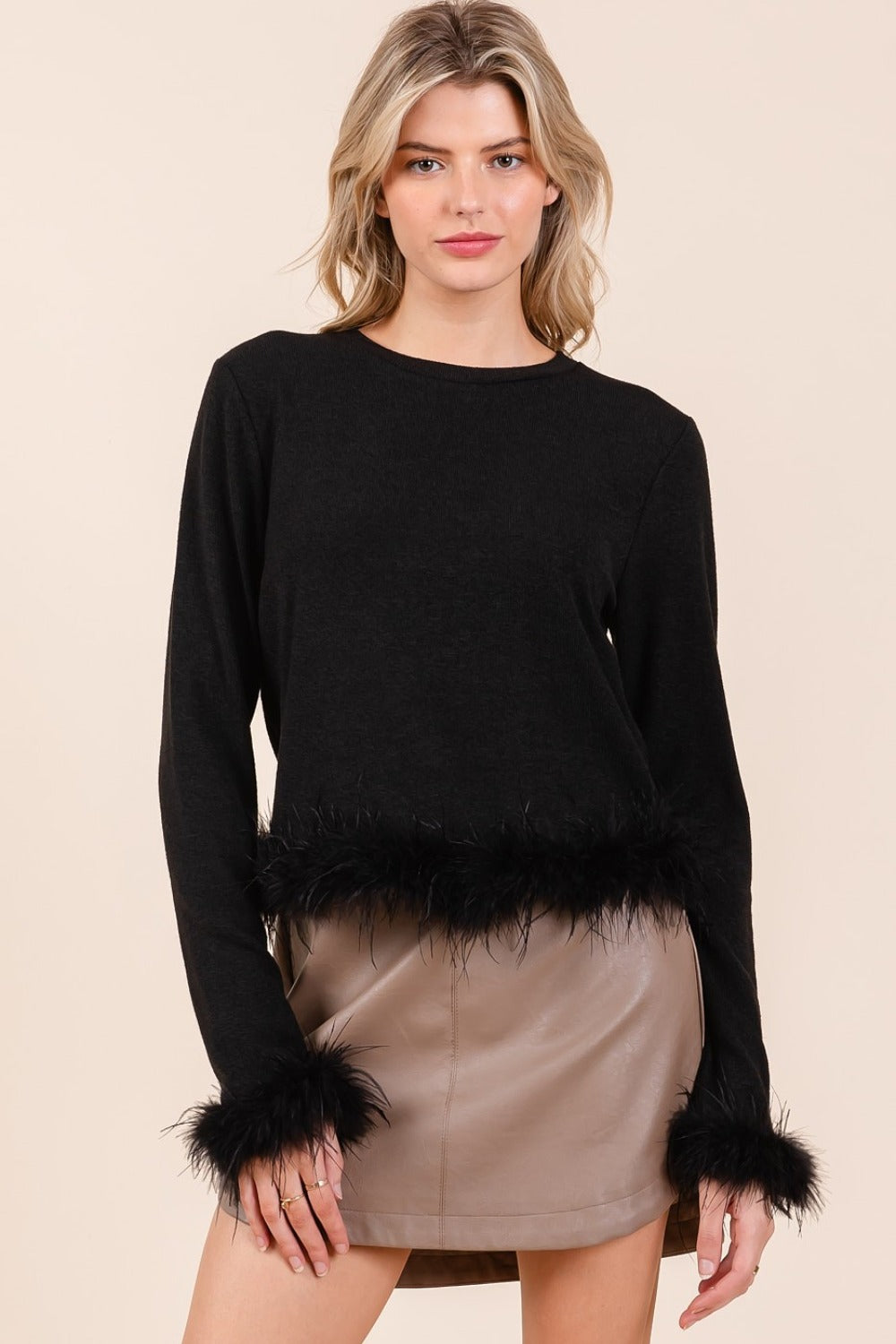 Black Feather Trim Long Sleeve Knit Top