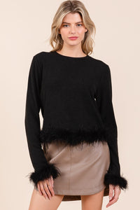 Black Feather Trim Long Sleeve Knit Top
