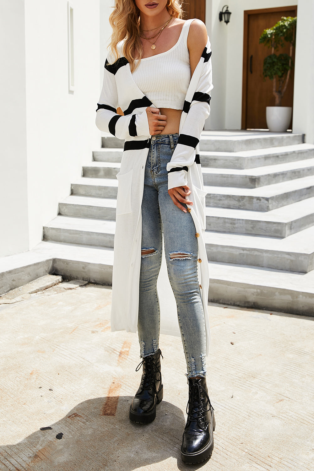 Posh Pocketed Striped Long Cardigan