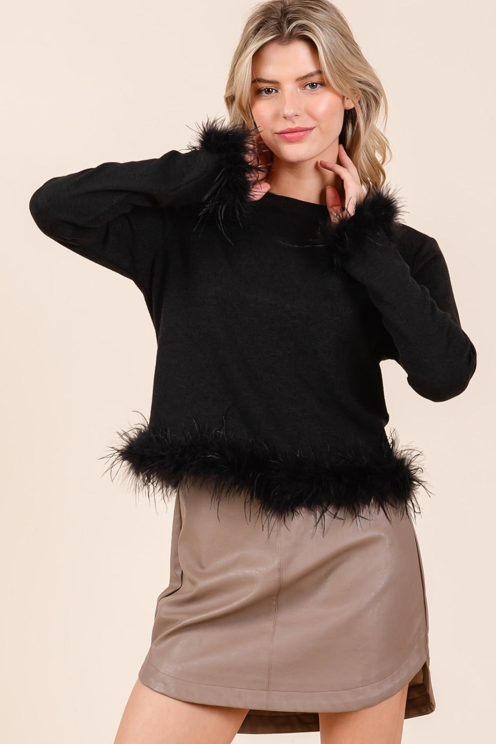 Black Feather Trim Long Sleeve Knit Top