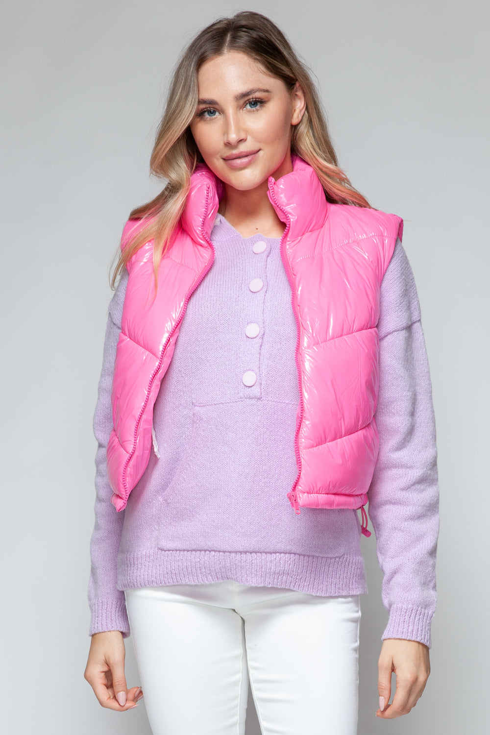 Pink Zip-Up Turtleneck Shiny Quilted Vest – Chic & Cozy ✨