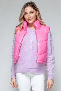 Pink Zip-Up Turtleneck Shiny Quilted Vest – Chic & Cozy ✨
