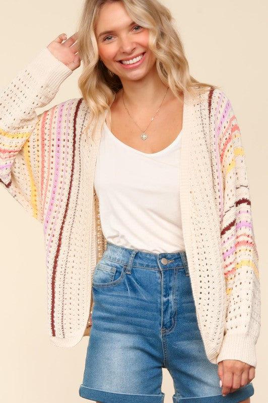Posh Haptics Full Size Striped Crochet Cardigan