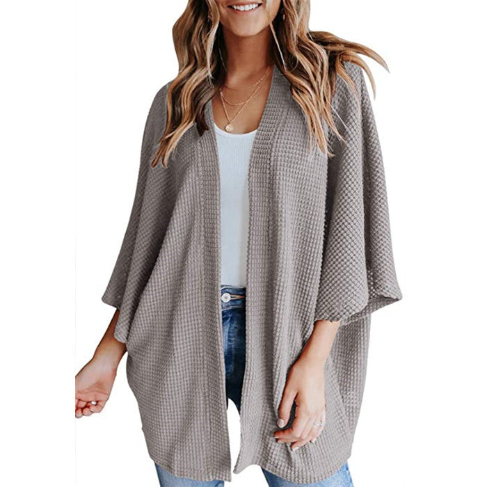 Bat Sleeve Waffle Knit Cardigan