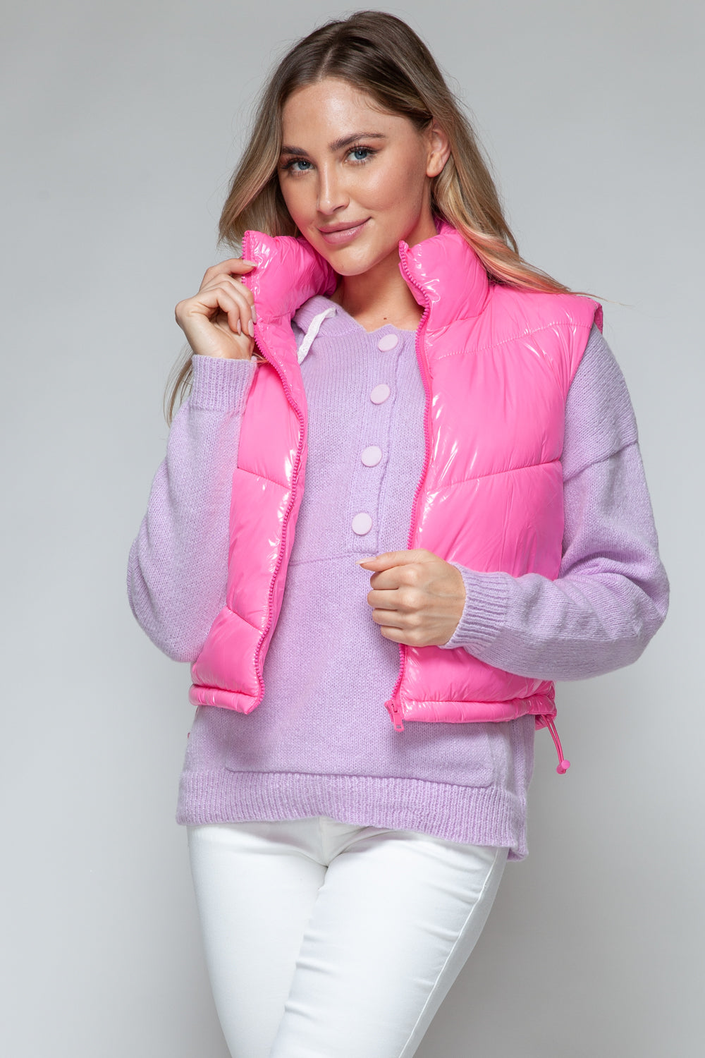 Pink Zip-Up Turtleneck Shiny Quilted Vest – Chic & Cozy ✨