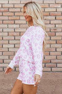 Pink Leopard Long Sleeve Top and Drawstring Shorts Lounge Set