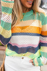 Posh Openwork Contrast Striped Knit Top