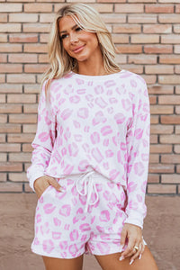 Pink Leopard Long Sleeve Top and Drawstring Shorts Lounge Set