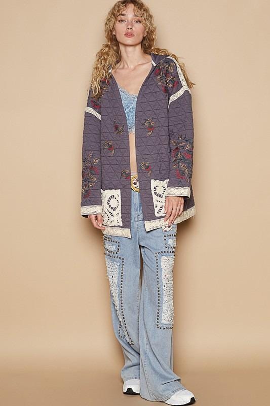 Stylish Embroidered Quilted Jacket with Crochet Pockets for Fashionable Layering