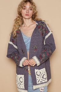 Stylish Embroidered Quilted Jacket with Crochet Pockets for Fashionable Layering