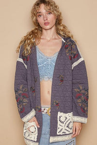 Stylish Embroidered Quilted Jacket with Crochet Pockets for Fashionable Layering