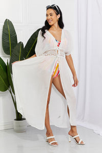 Elegant White Tie Detail Maxi Cover-Up Dress with Crochet Waistband for Summer Vacation