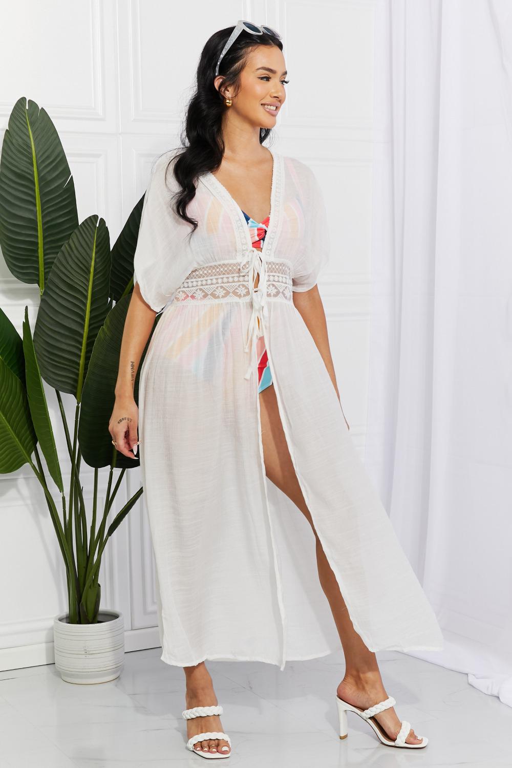Elegant White Tie Detail Maxi Cover-Up Dress with Crochet Waistband for Summer Vacation