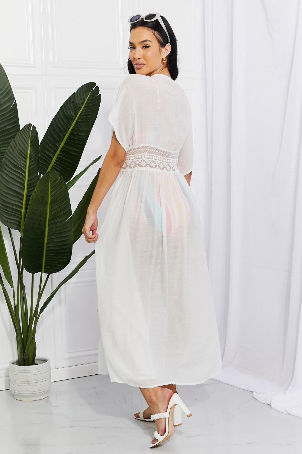 Elegant White Tie Detail Maxi Cover-Up Dress with Crochet Waistband for Summer Vacation