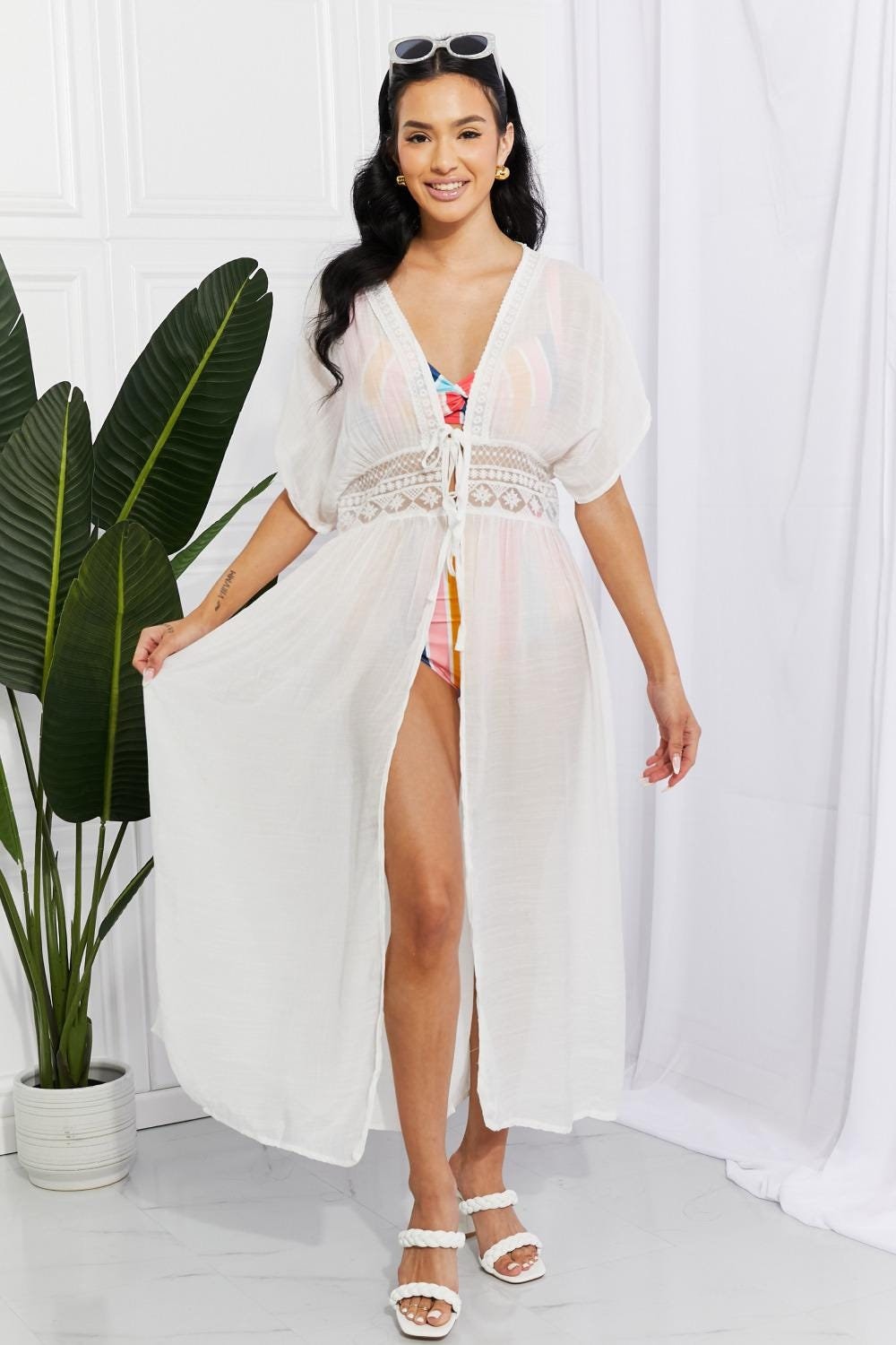 Elegant White Tie Detail Maxi Cover-Up Dress with Crochet Waistband for Summer Vacation