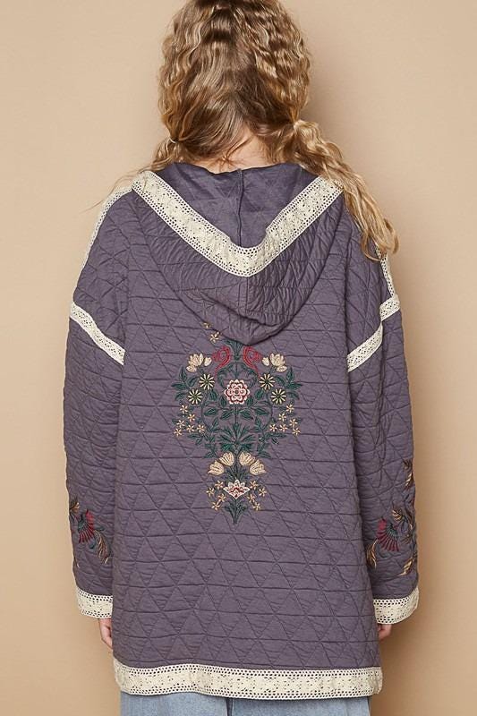 Stylish Embroidered Quilted Jacket with Crochet Pockets for Fashionable Layering