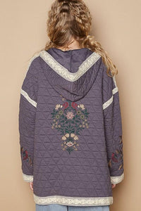Stylish Embroidered Quilted Jacket with Crochet Pockets for Fashionable Layering