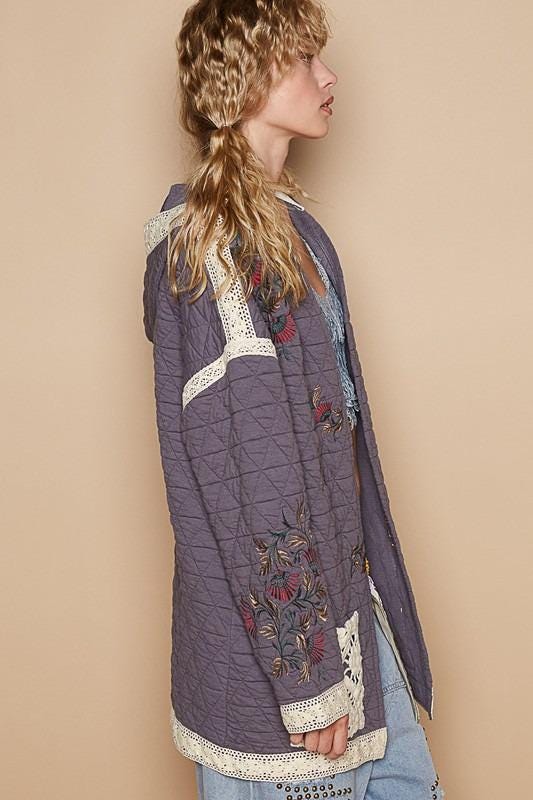 Stylish Embroidered Quilted Jacket with Crochet Pockets for Fashionable Layering