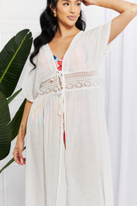 Elegant White Tie Detail Maxi Cover-Up Dress with Crochet Waistband for Summer Vacation
