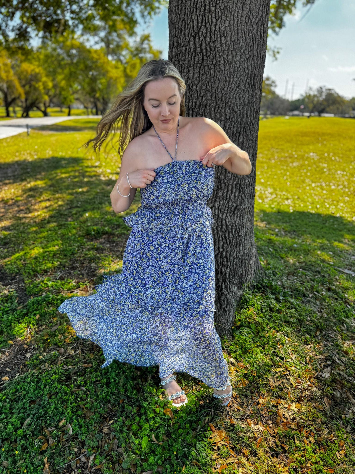 Maxi Dress Ruffled Smocked Floral Halter Neck