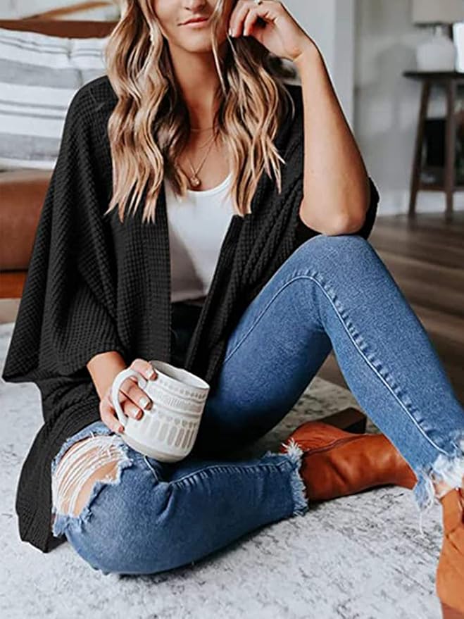 Bat Sleeve Waffle Knit Cardigan