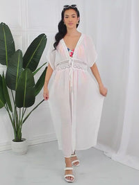 Elegant White Tie Detail Maxi Cover-Up Dress with Crochet Waistband for Summer Vacation