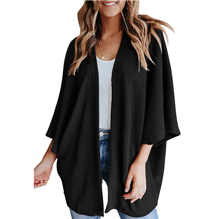 Bat Sleeve Waffle Knit Cardigan